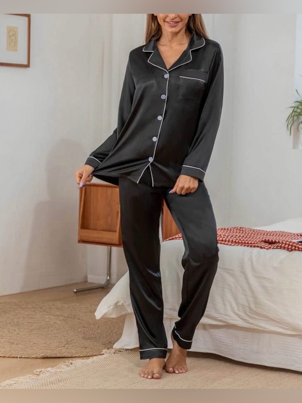 NWT Satin-feel Long-Sleeve Black Pajama Set with Contrast Piping Sz XXL